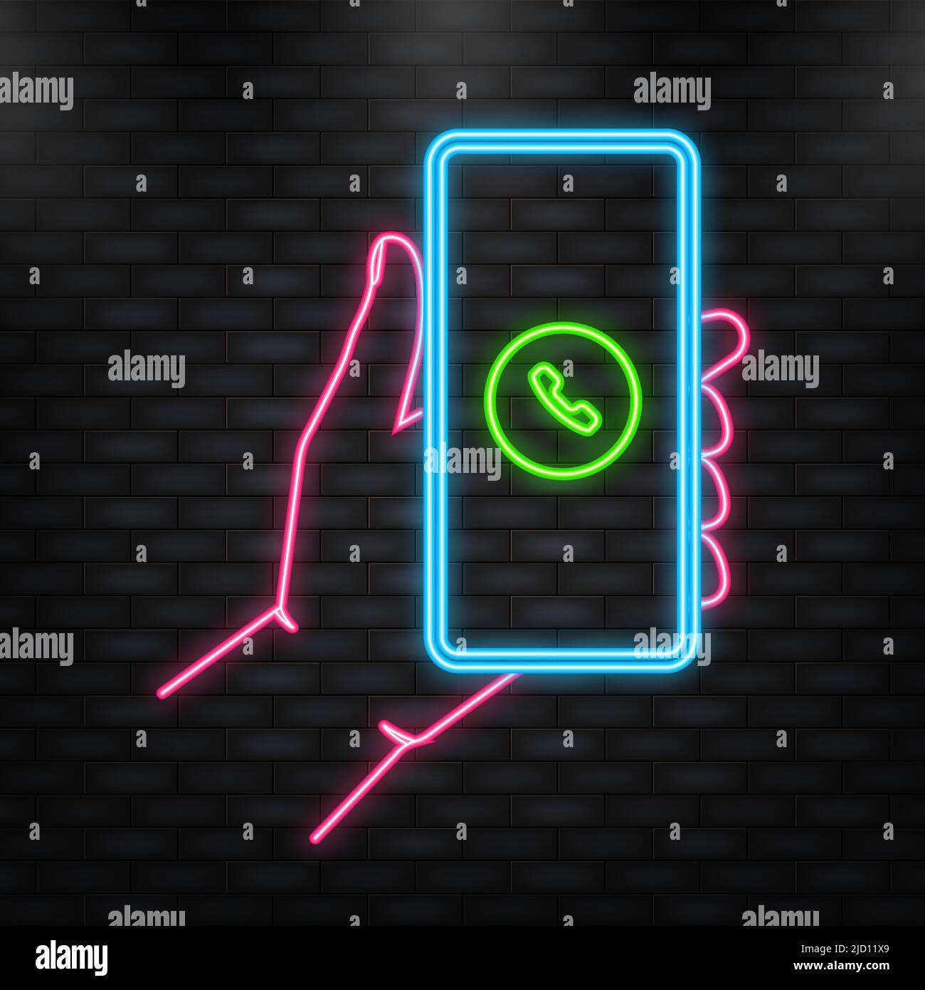 Neon Icon. Hand holds phone with call Incoming on green screen on green ...