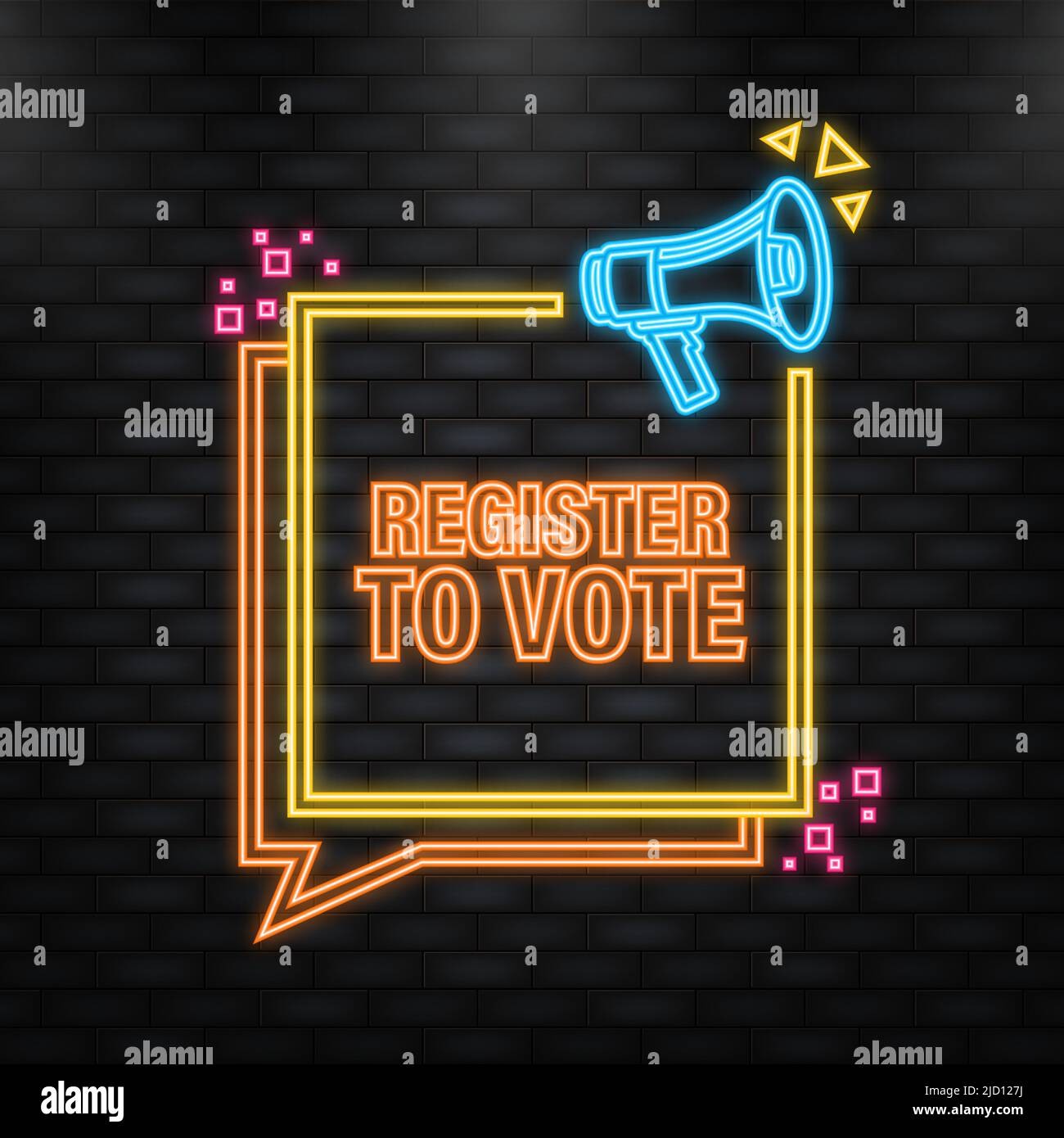 Neon Icon. Register to vote megaphone yellow banner in 3D style on ...