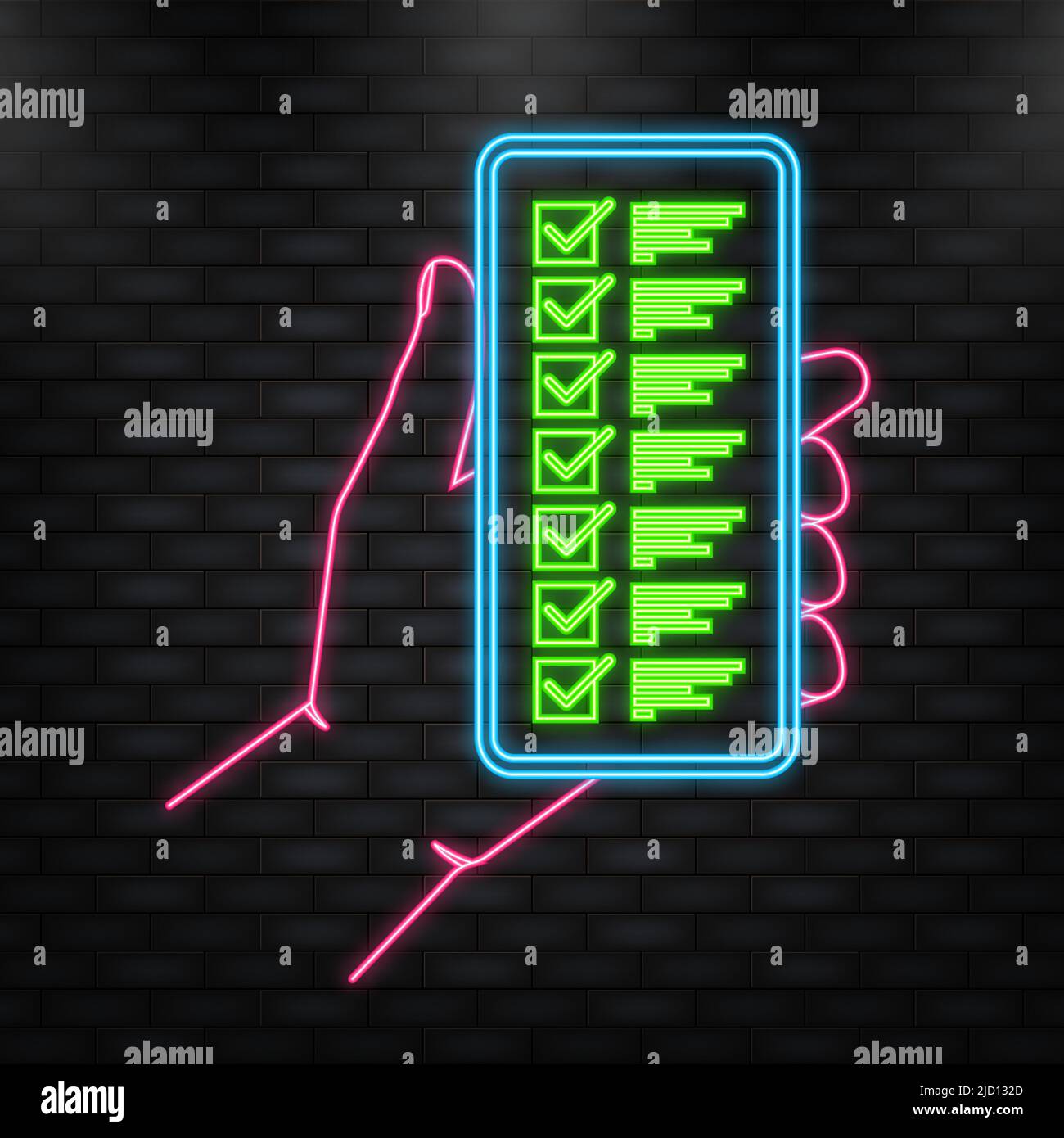 Neon Icon. Hand holds phone with check list on screen on green ...