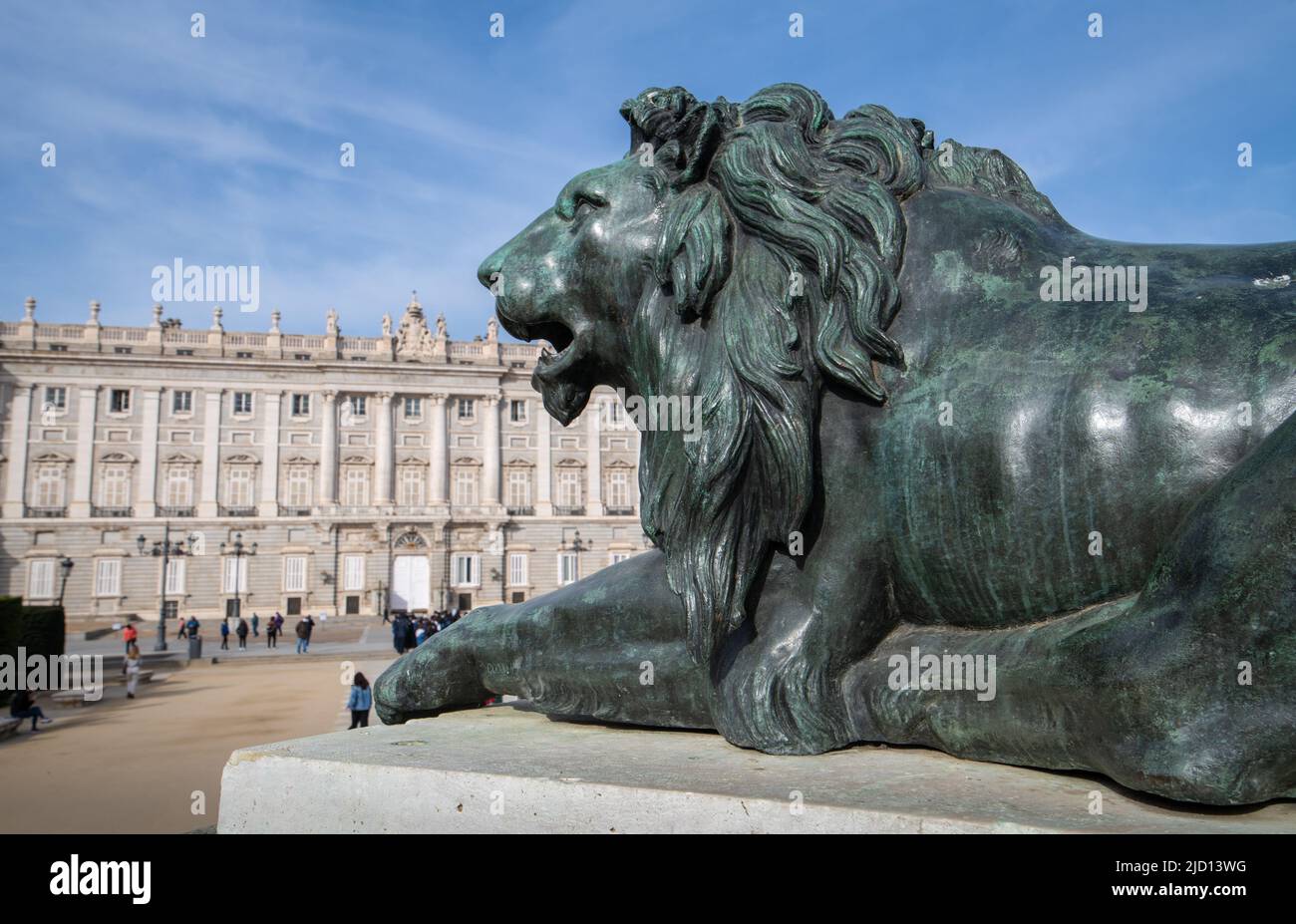 Bronze lion statues on the Monument to Philip IV at the Plaza de