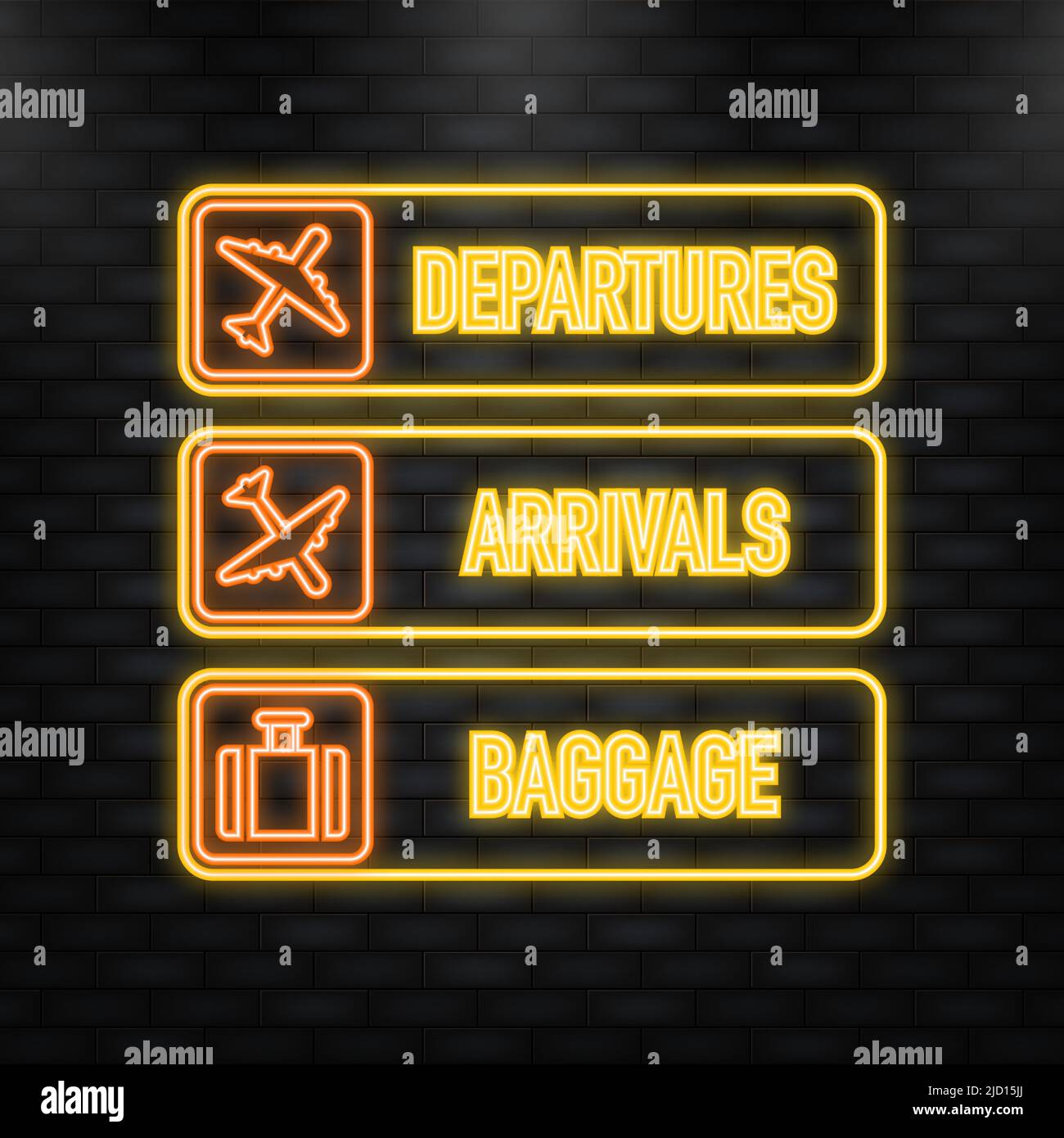 Neon Icon. Airport Signs departure, arrivals and baggage Stock Vector