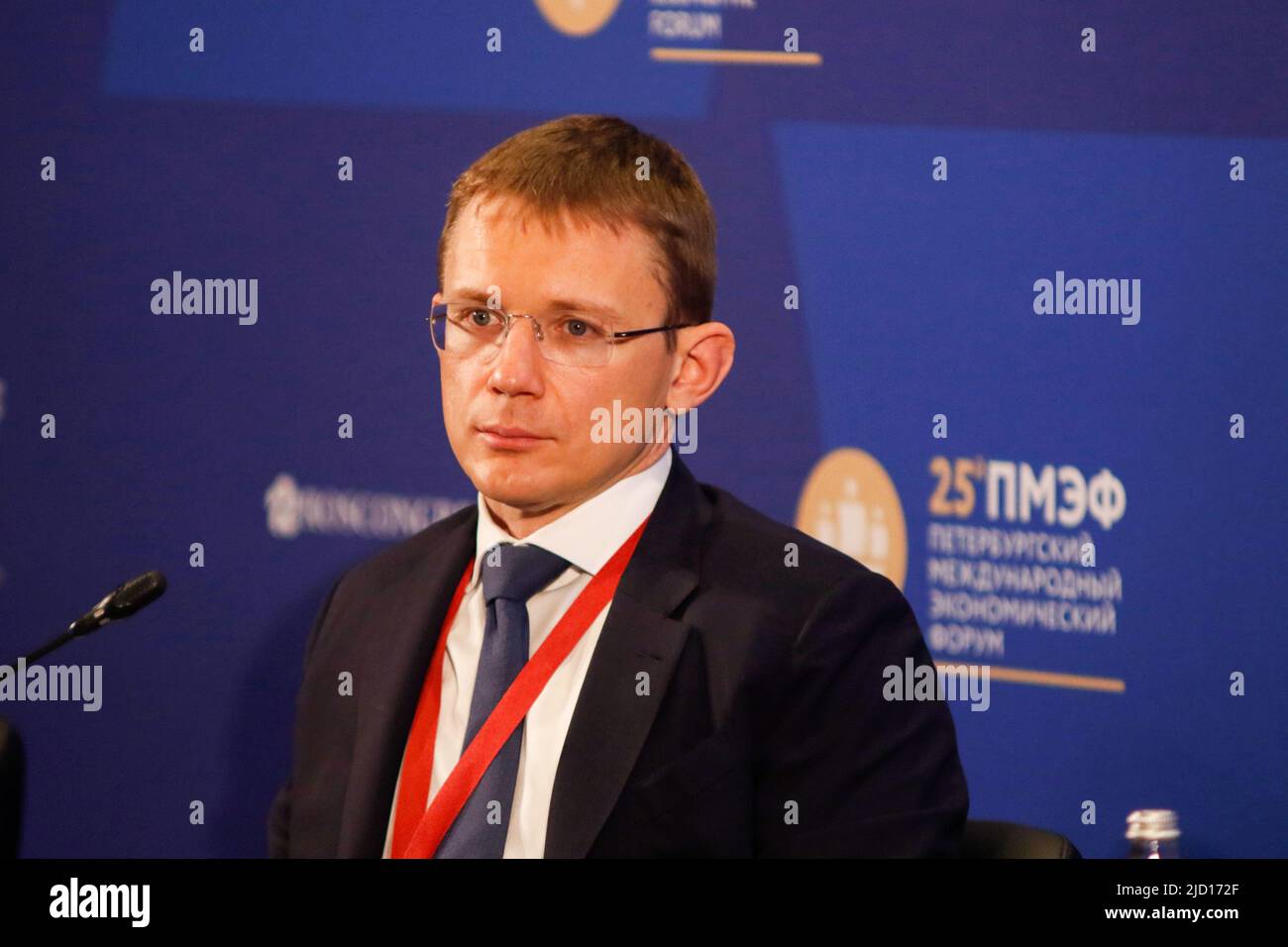 Saint Petersburg, Russia. 16th June, 2022. Alexey Sazanov, State Secretary Deputy Minister of Finance of the Russian Federation attends a session of the "Transnational E-Commerce: Development Scenarios" in the framework of St. Petersburg International Economic Forum 2022 (SPIEF 2022). (Photo by Maksim Konstantinov/SOPA Images/Sipa USA) Credit: Sipa USA/Alamy Live News Stock Photo