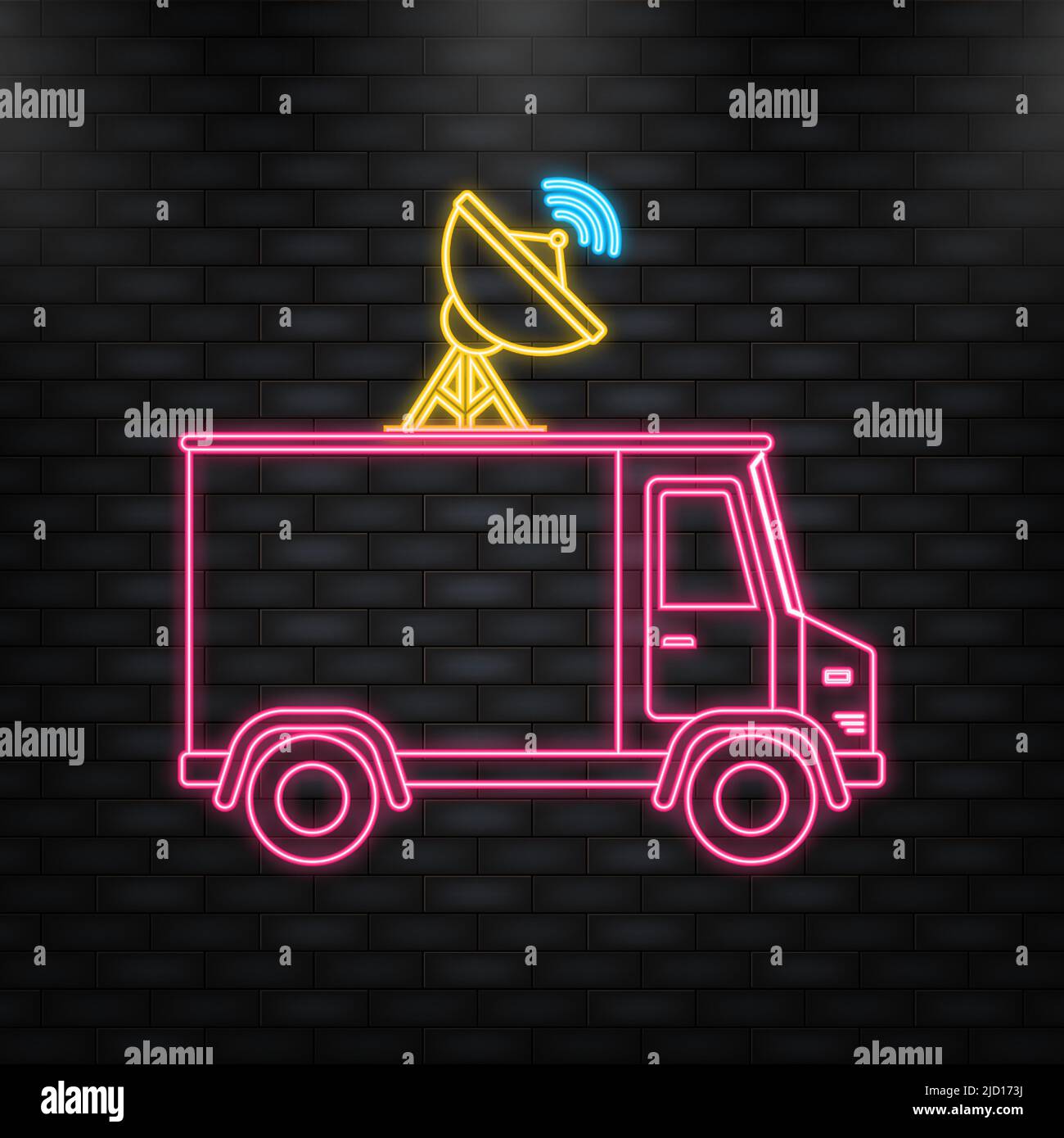 Neon illustration with tv truck for report design. Cartoon vector illustration. Internet network. Stock Vector