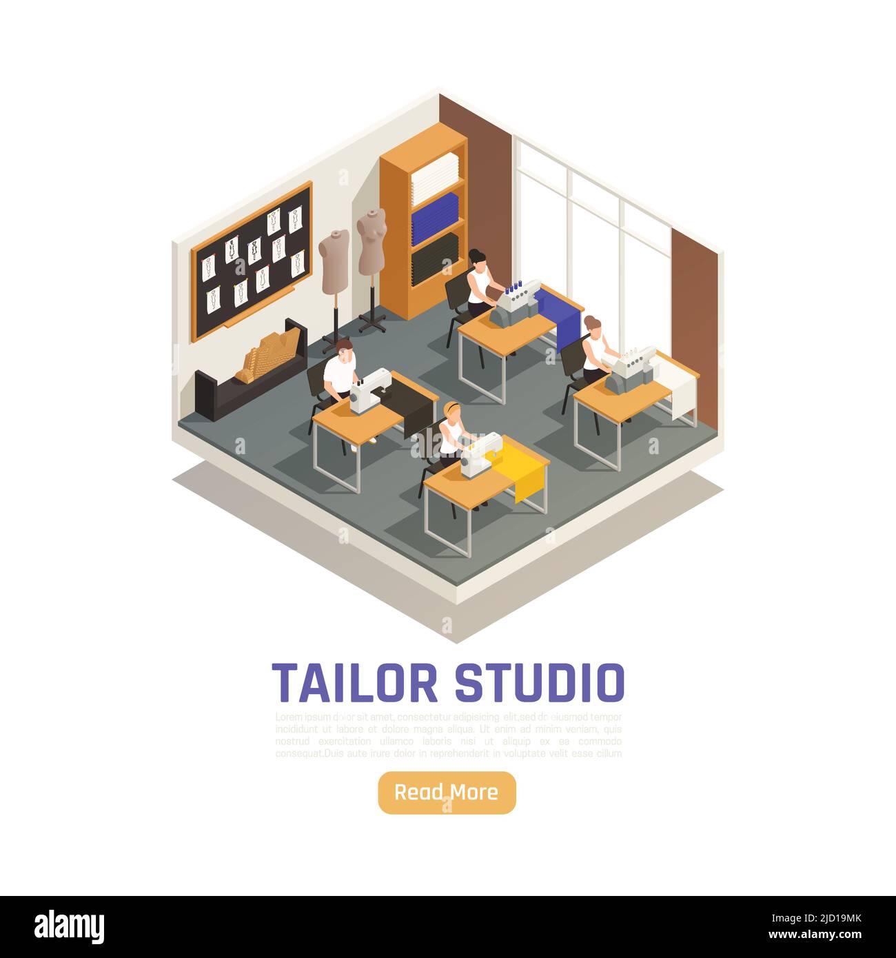 Fashion atelier studio isometric composition with seamstress ...
