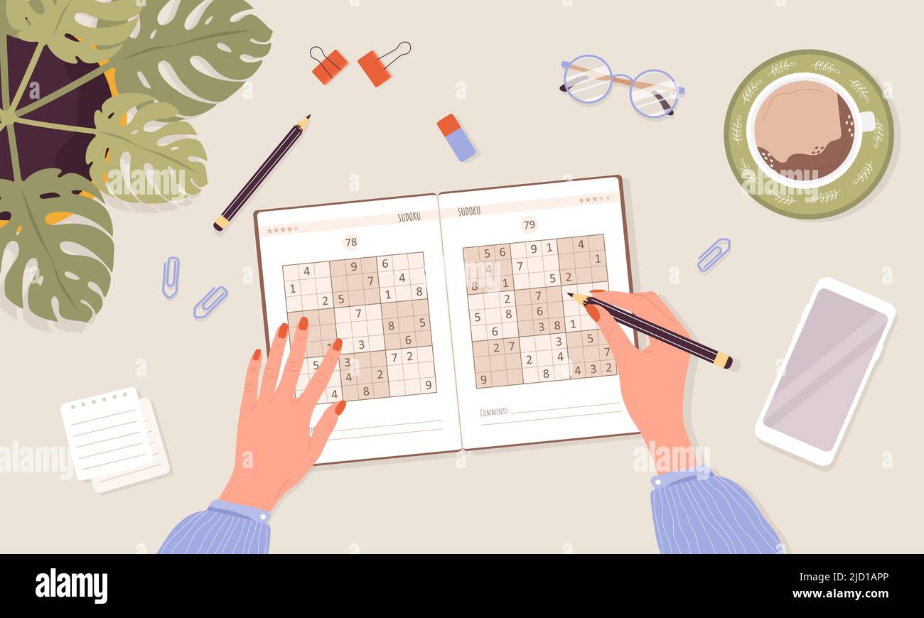 Sudoku game. Learning and leisure concept. Woman solves crossword puzzle. Top view workplace. Task for development of logical thinking and training Stock Vector