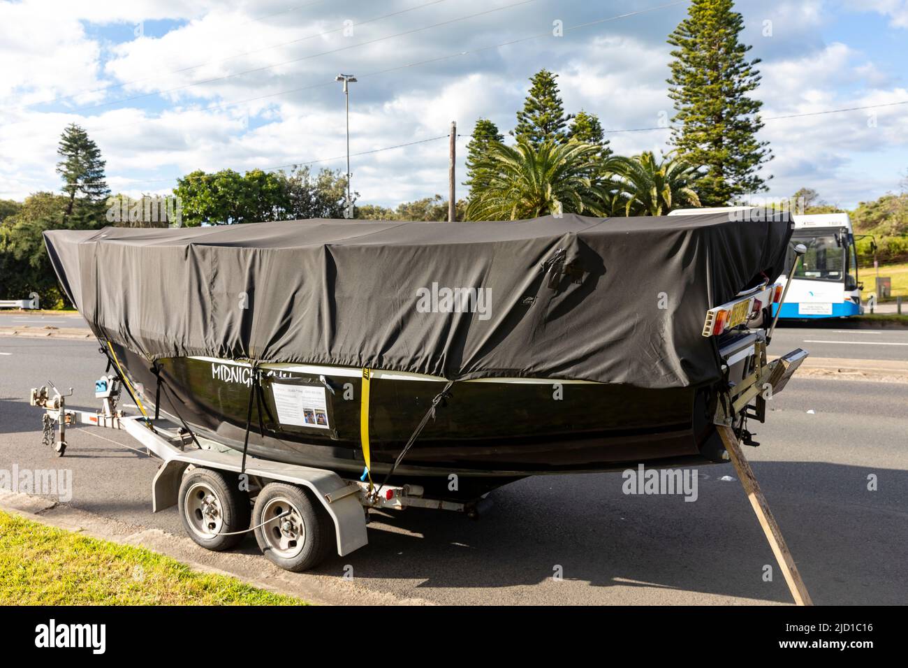 Trailer boat parked on a street in Avalon Beach Sydney and available