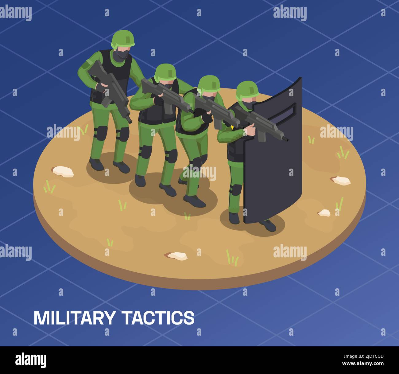 Army weapons soldier isometric composition with text and group of special forces moving forward in line vector illustration Stock Vector