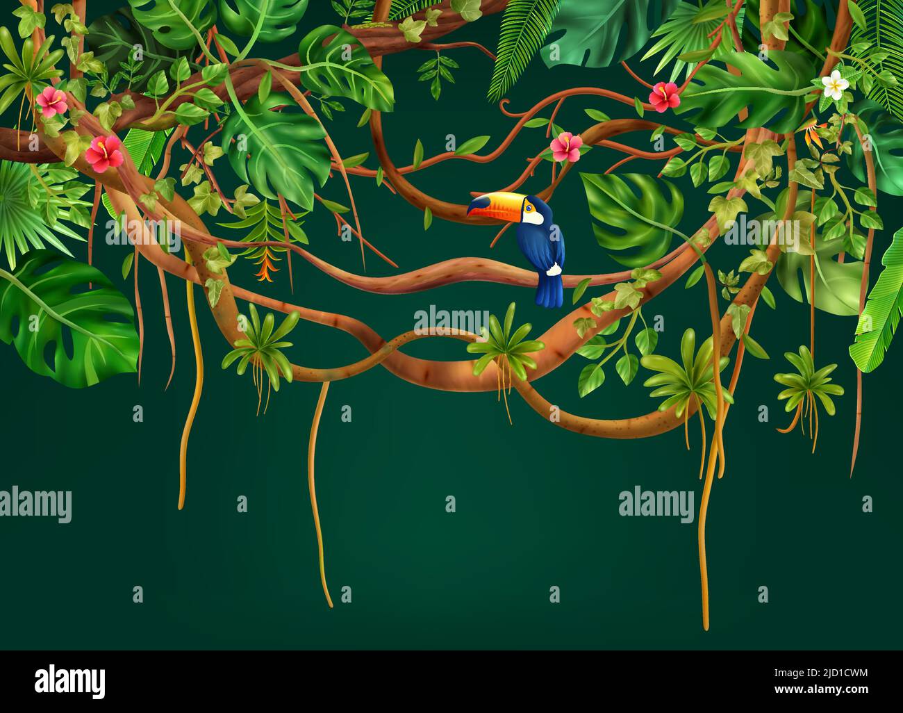 Realistic liana jungle composition with exotic tree branches with leaves flowers and bird on gradient background vector illustration Stock Vector
