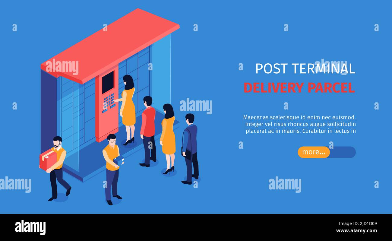 Isometric post terminal horizontal banner with editable text slider more button and people standing in line vector illustration Stock Vector