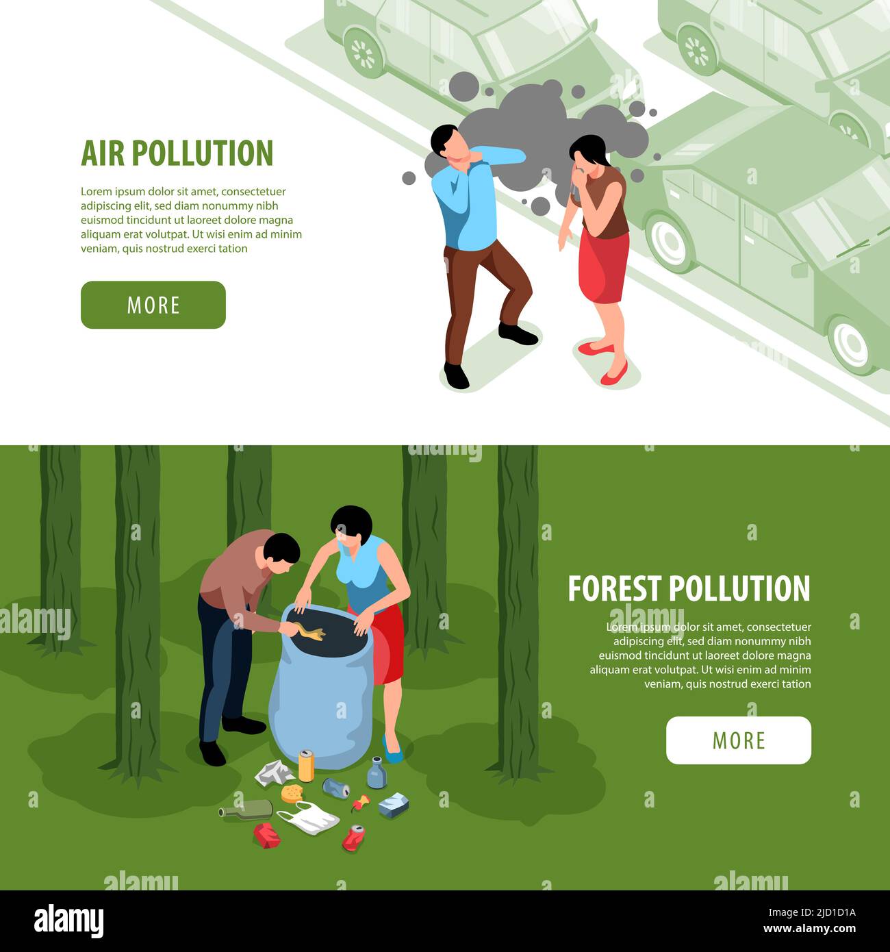 Set of two horizontal isometric environmental pollution banners with buttons text and images with human characters vector illustration Stock Vector