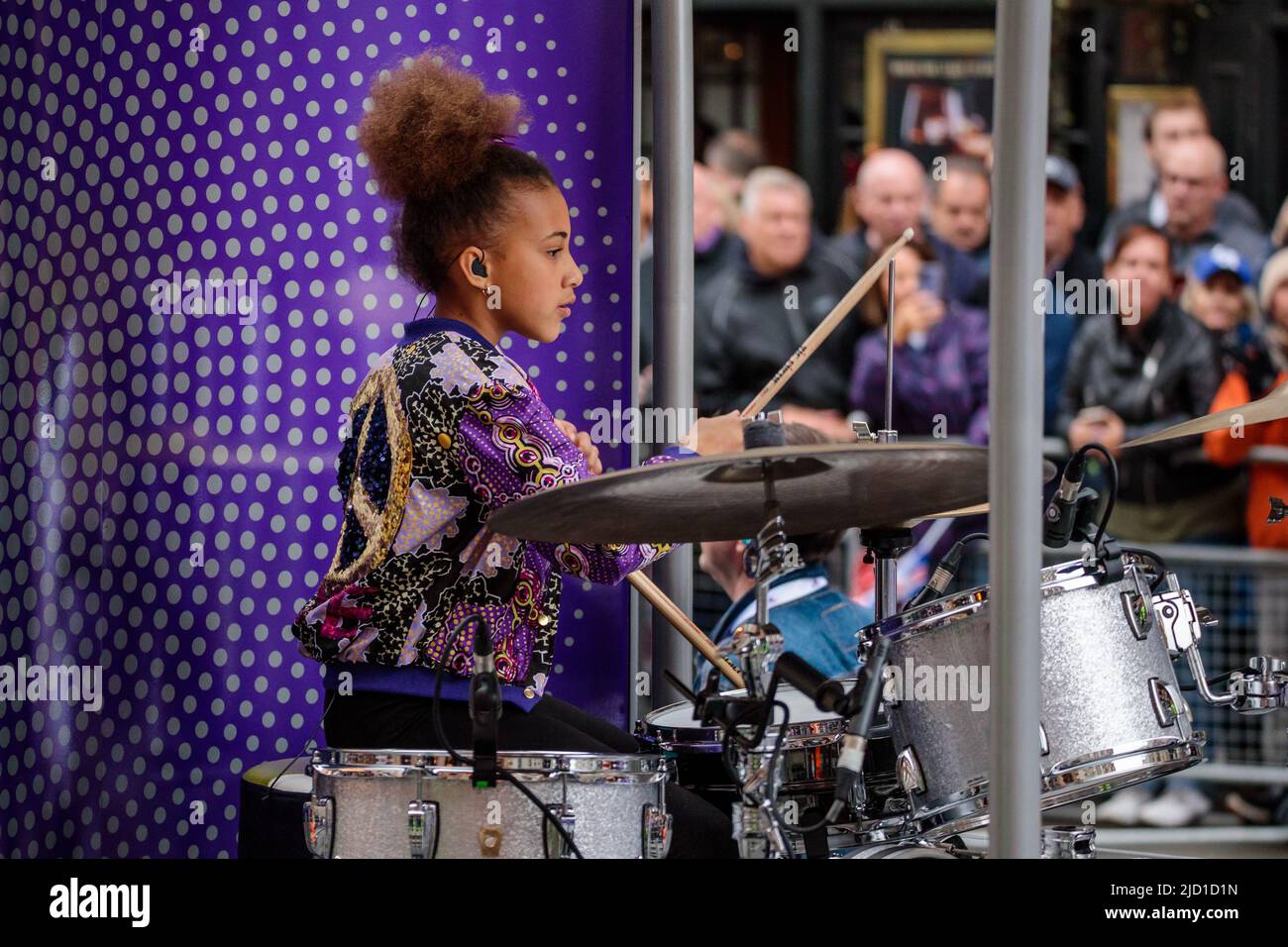 Platinum Jubilee Pageant, London, UK. 5th June 2022.  12 year old drumming sensation, Nandi Bushell, performing at The Platinum Jubilee Pageant. Stock Photo