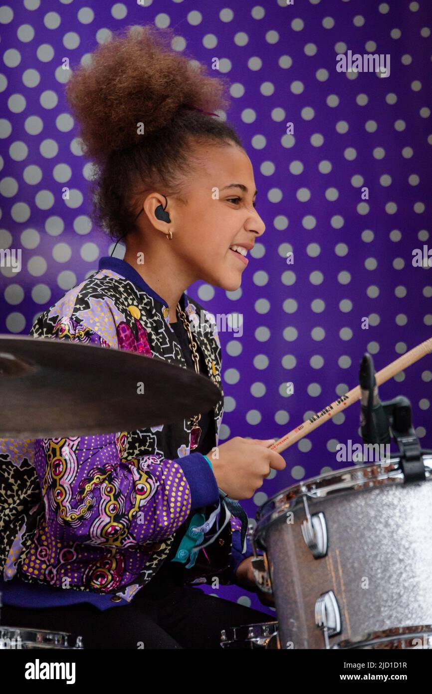 Platinum Jubilee Pageant, London, UK. 5th June 2022.  12 year old drumming sensation, Nandi Bushell, performing at The Platinum Jubilee Pageant. Stock Photo