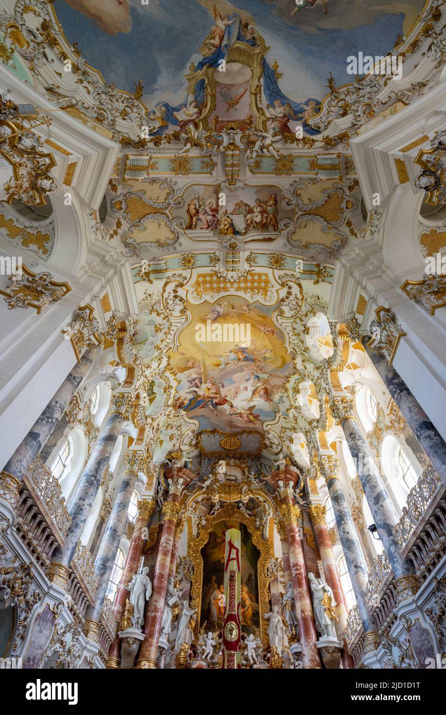 view towards altar, The Baroque Pilgrimage Church of Wies, Wieskirche, Bavaria, Germany Stock Photo