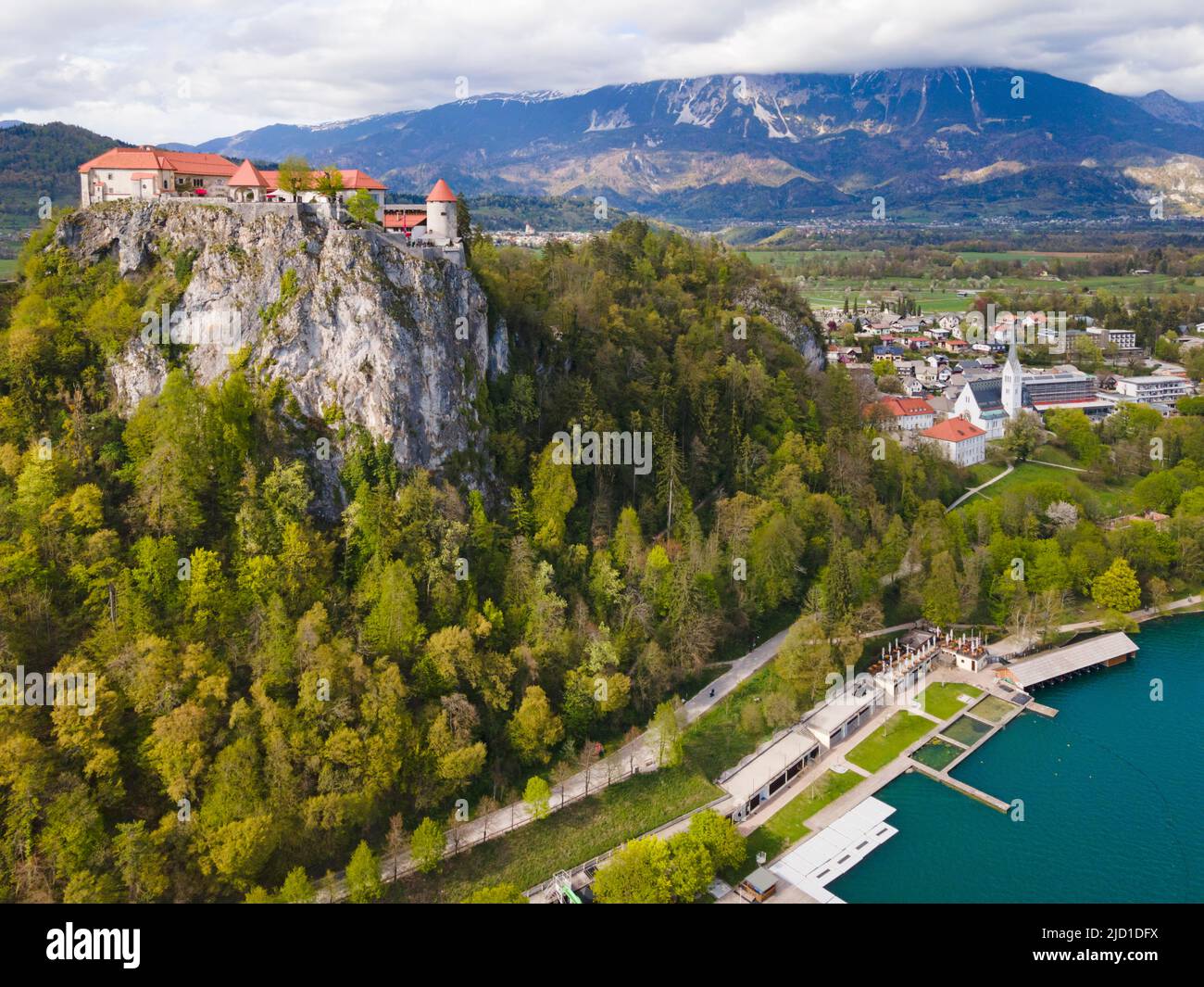 Drone shot, Bled castle and church, Lake Bled, Lake Veldes, Blejsko