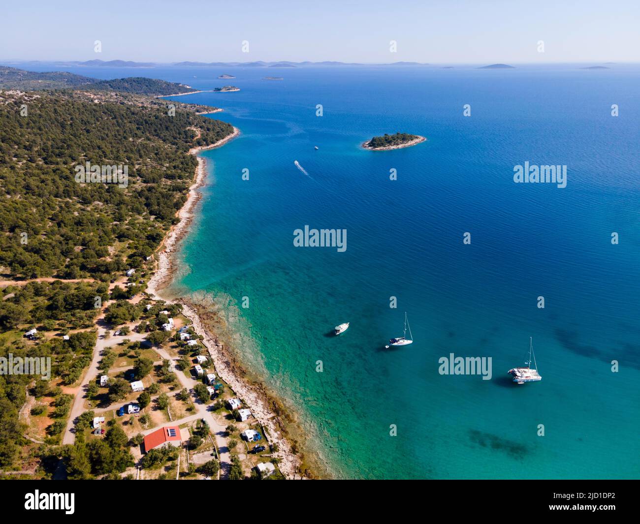 Drone shot, ships in Kosirina Bay, Murter, Murter Island, Dalmatia, Croatia Stock Photo