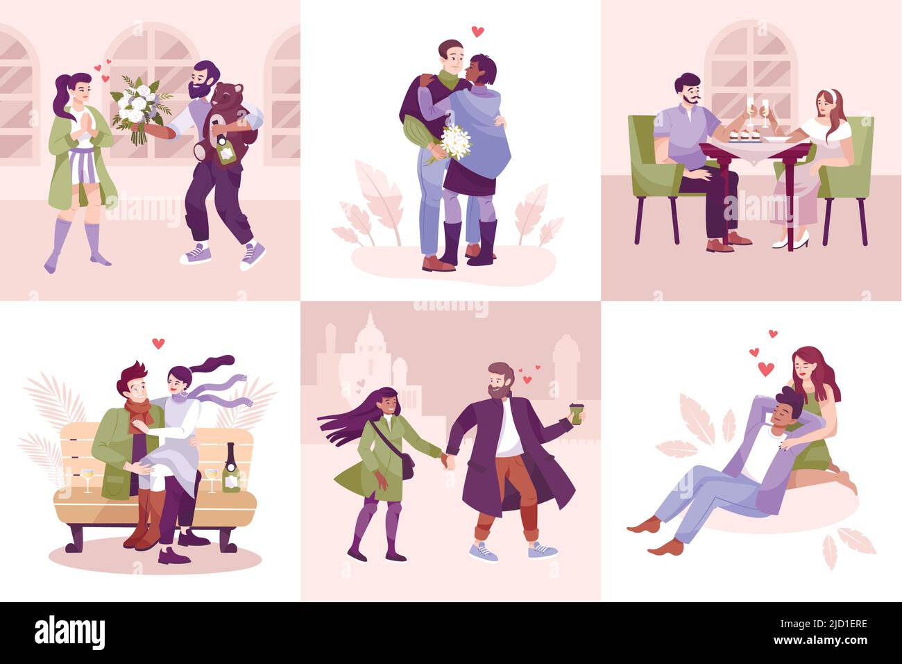 Flat romantic couple composition icon set with different types of ...