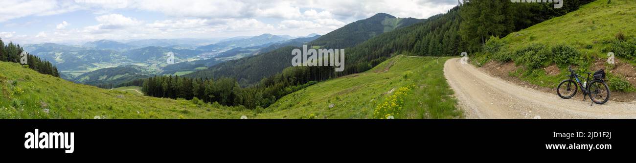 View from the mountain bike trail on the Mugel into the Muerztal, near Niklasdorf, Styria, Austria Stock Photo