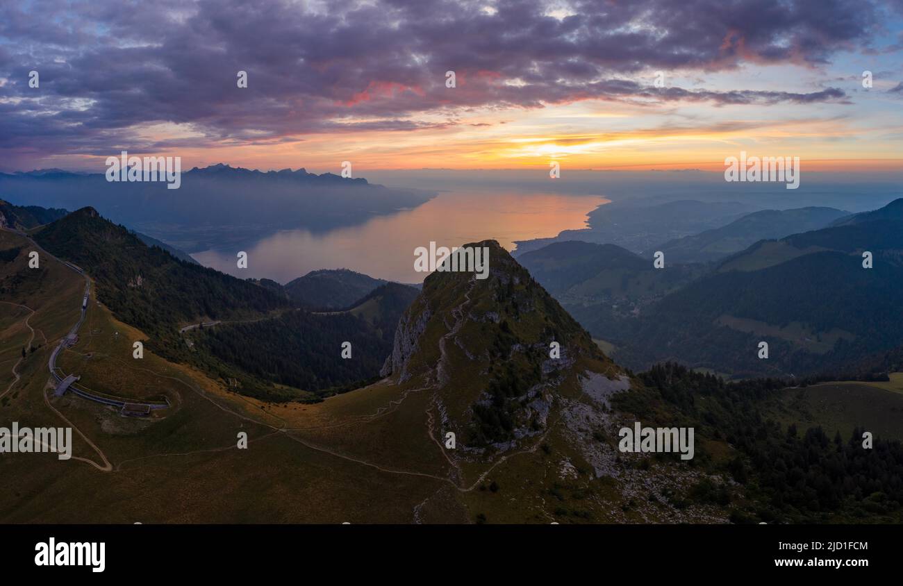 Aerial view with evening mood over the Dent de Jaman and Lake Geneva in the background, Canton Vaud, Switzerland Stock Photo
