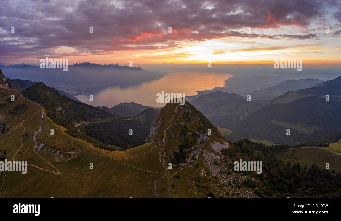 Aerial view of the evening mood over the Dent de Jaman and Lake Geneva in the background, Canton Vaud, Switzerland Stock Photo