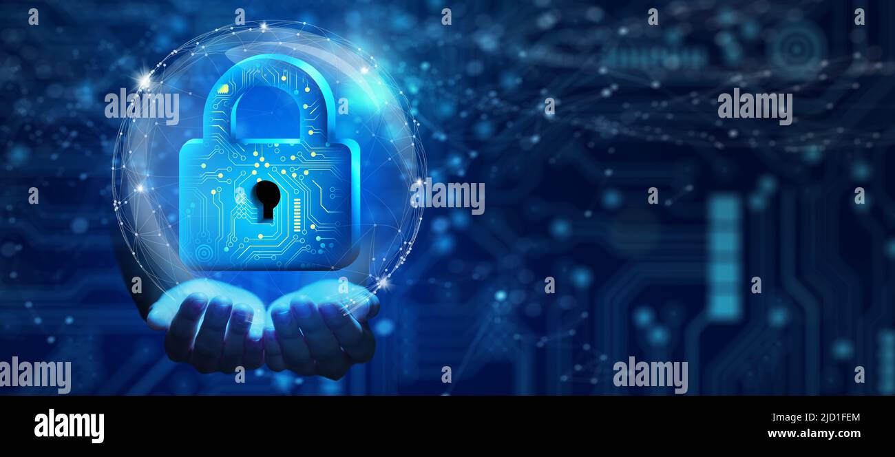 Business Hand holding Padlock with Keyhole and Network wireframe over blue background abstract. Cyber attack block, Cyber data,Information privacy. Stock Photo