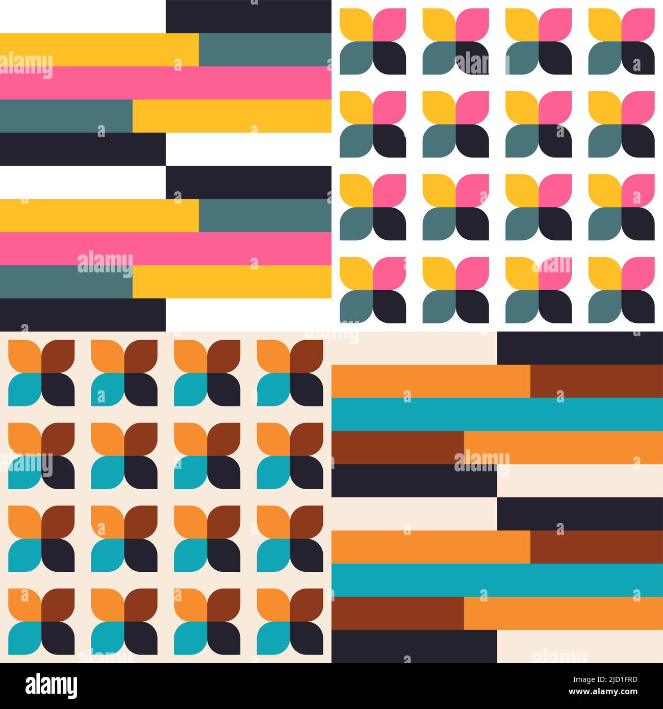 Retro 60's and 70's style vector seamless pattern collection - mid-century geometric 4 designs set Stock Vector