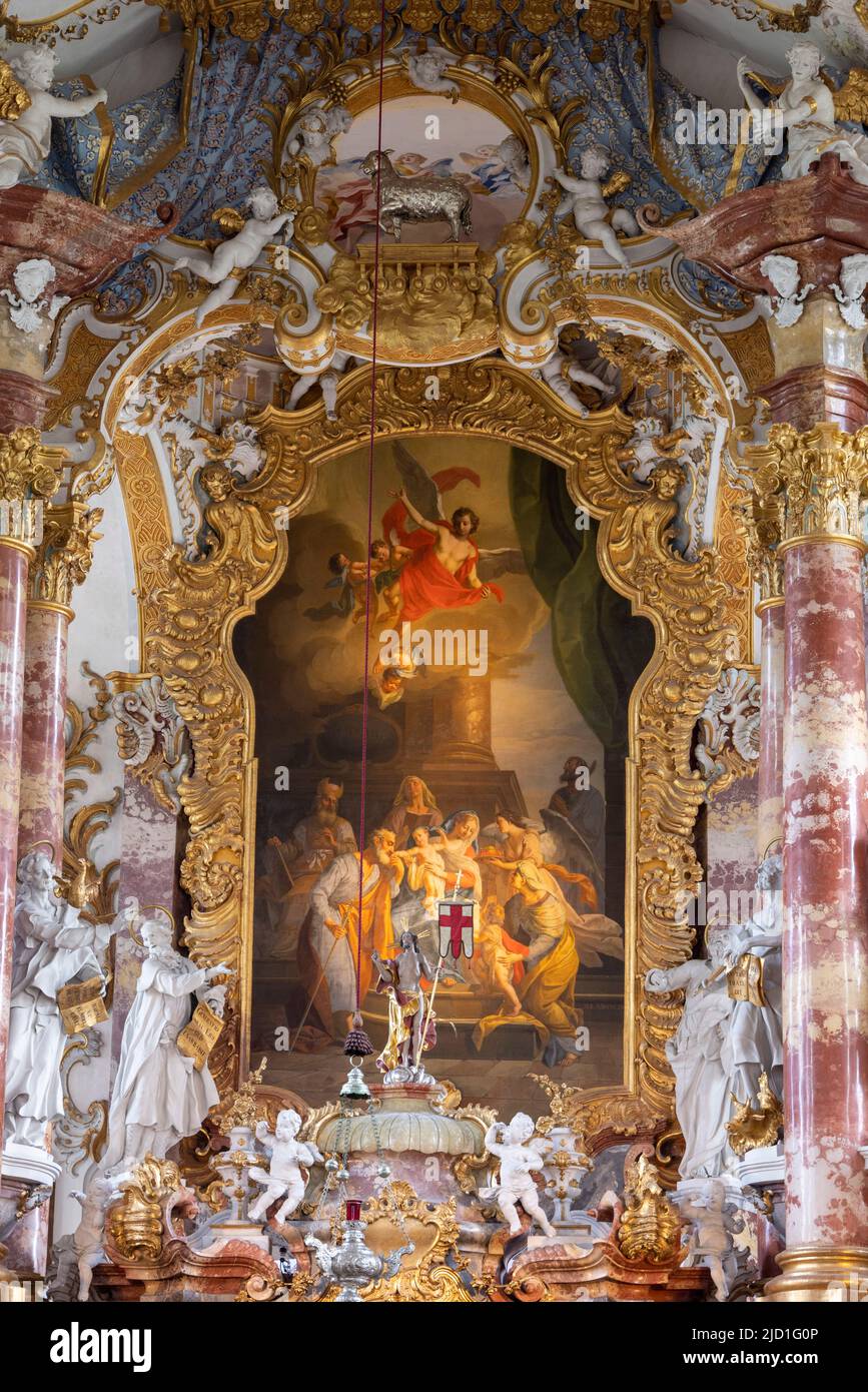 view towards altar, The Baroque Pilgrimage Church of Wies, Wieskirche, Bavaria, Germany Stock Photo
