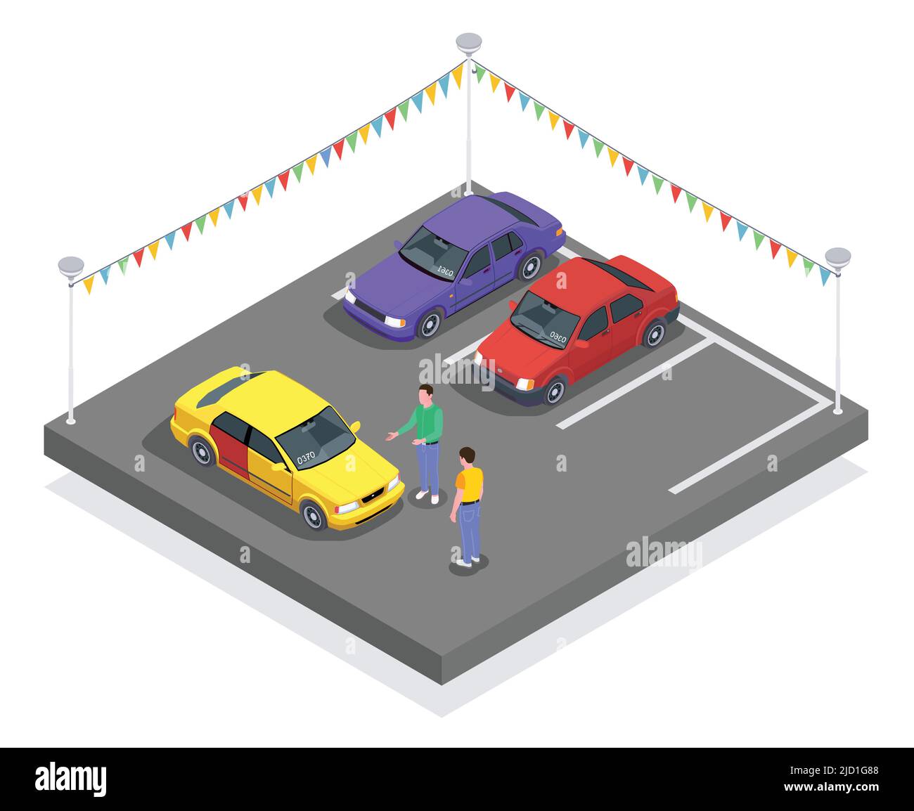 Car ownership usage isometric composition with cars at parking lot and characters of seller and buyer vector illustration Stock Vector