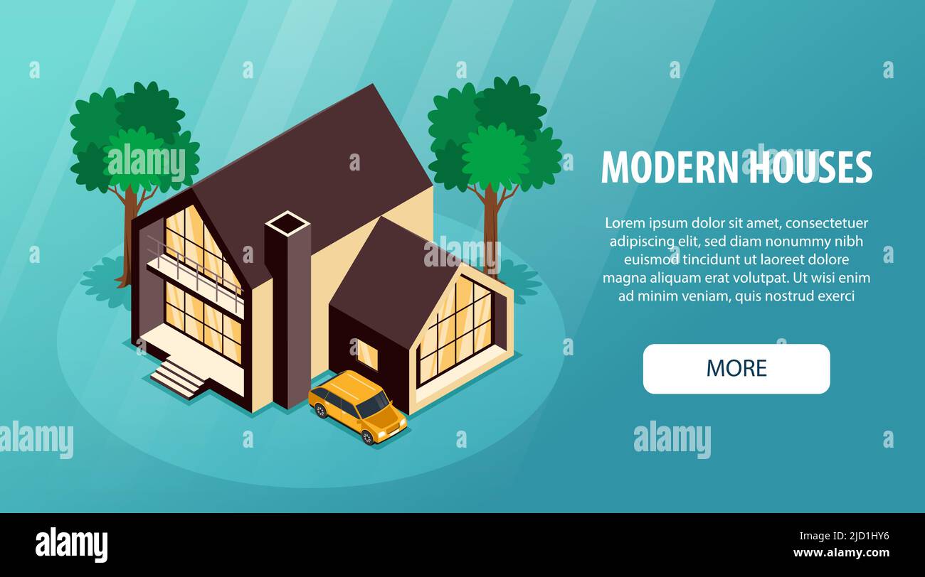 Modern suburb area houses isometric landing page with contemporary family cottage trees car background banner vector illustration Stock Vector