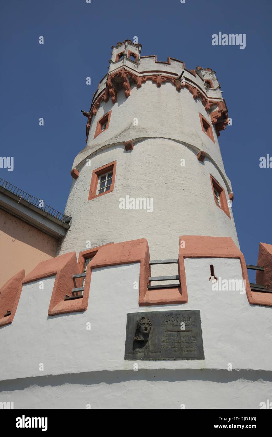 Late Gothic eagle tower from the 15th century with relief of Goethe in Ruedesheim in Adlerturm, Ruedesheim, Rheingau, Taunus, Hesse, Upper Middle Stock Photo