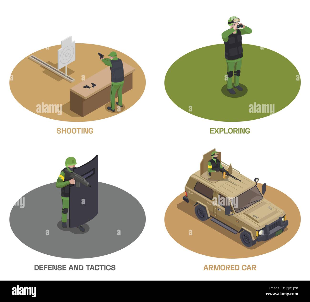 Army weapons soldier isometric set of four round compositions with armed special forces members and car vector illustration Stock Vector