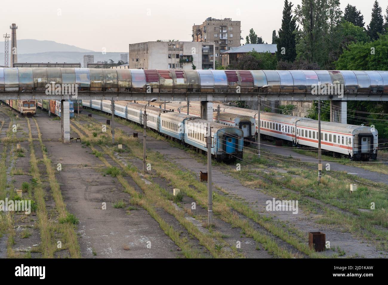 Abandoned passenger wagons on railroad tracks overgrown with grass under the bridge Stock Photo