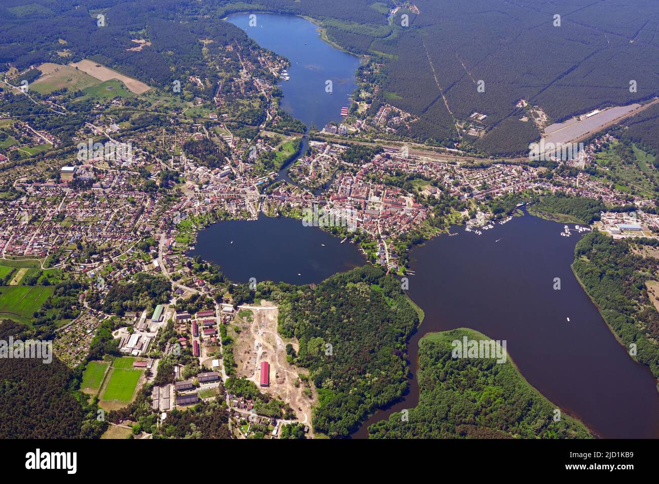 Aerial view of Fuerstenberg, Neustrelitz Kleinseenland, Granseer Platte, Havel, Stolpsee, Himmelpforter Heide, Thymensee, Grosser Wentowsee Stock Photo