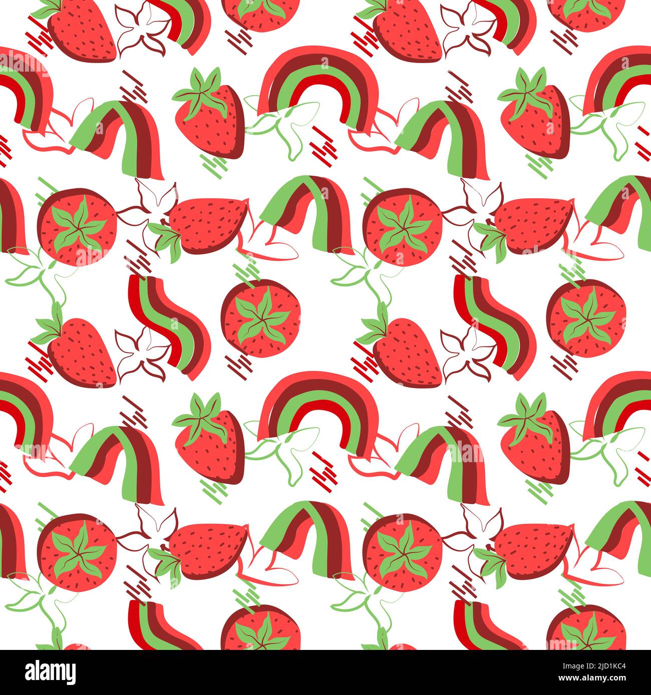 Seamless strawberry pattern, handdrawn doodle elements. Strawberries