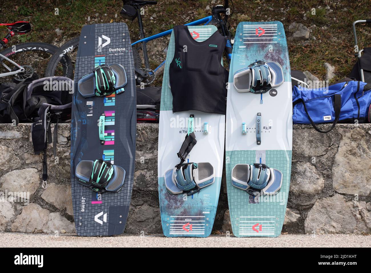 The three kitesurfing boards leaning against the wall Stock Photo