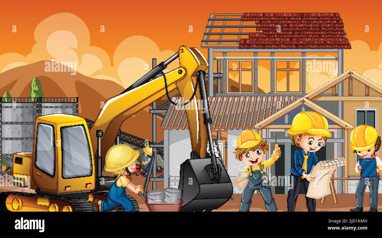Building house construction site and workers illustration Stock Vector ...