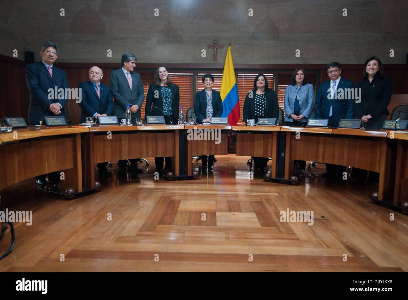 A general view of Colombia's Constitutional Court Magistrates posing during a photocall event with the Constituional Court magistrates in Bogota, Colo Stock Photo