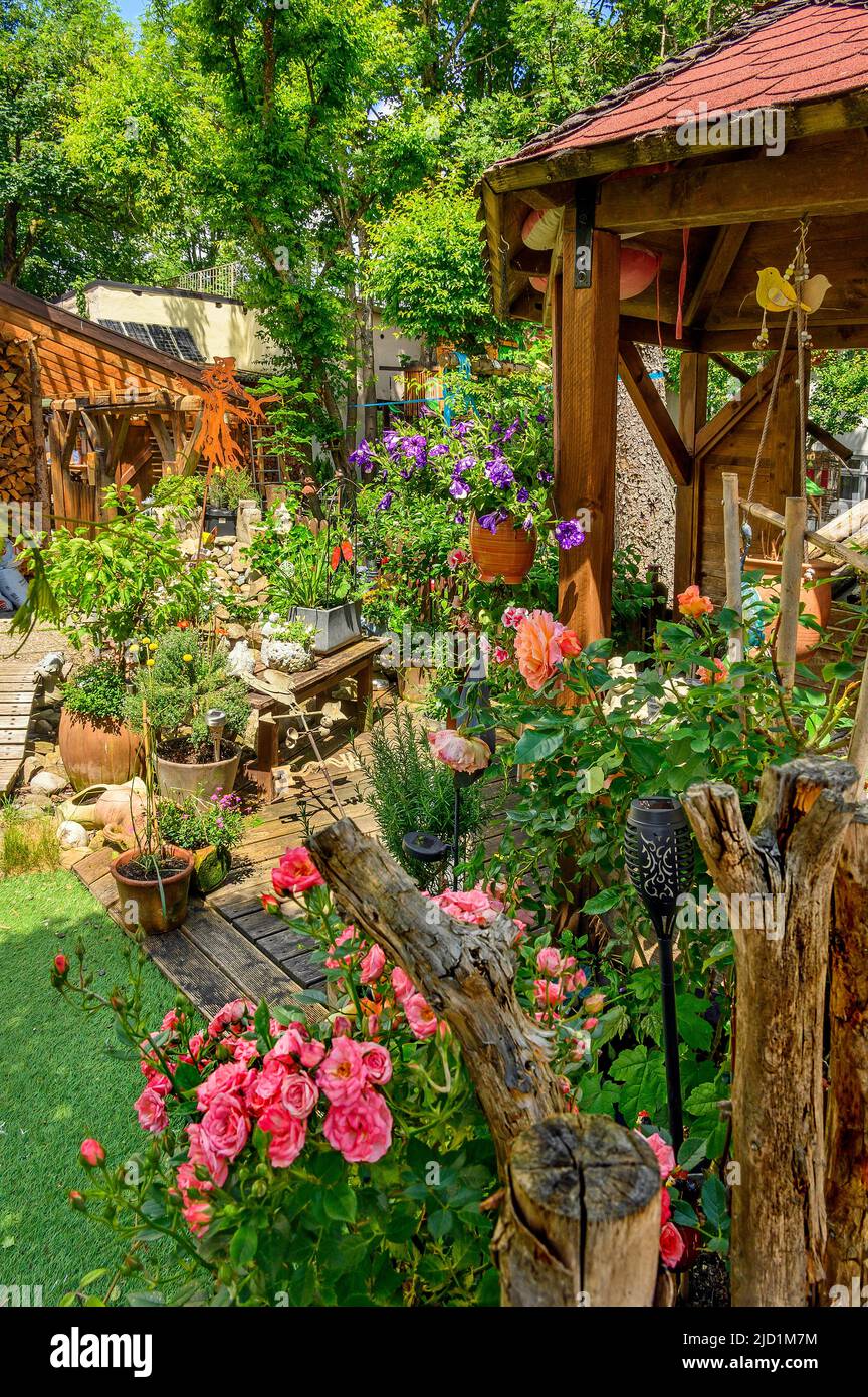 Romantic backyard garden, Isny, Allgaeu, Wuerttemberg, Germany Stock Photo