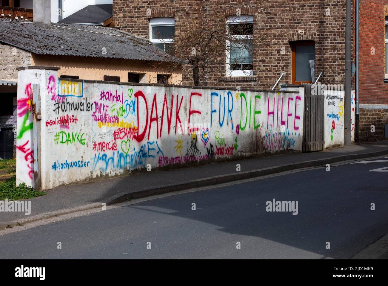 Painted wall, gratitude after the flood Ahrtal, Ahrweiler district, Rhineland-Palatinate, Germany Stock Photo