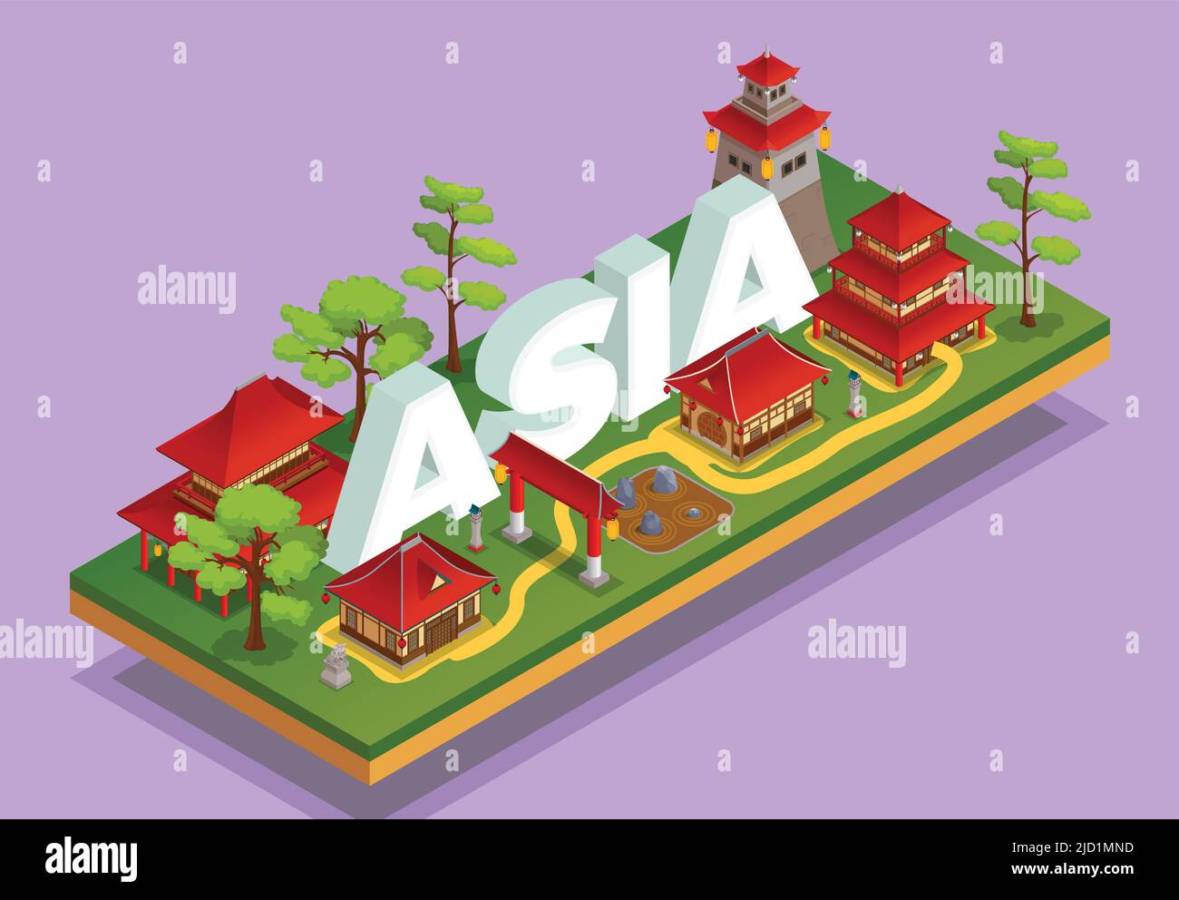 Asia isometric concept with architecture scenery and nature on pink background vector illustration Stock Vector