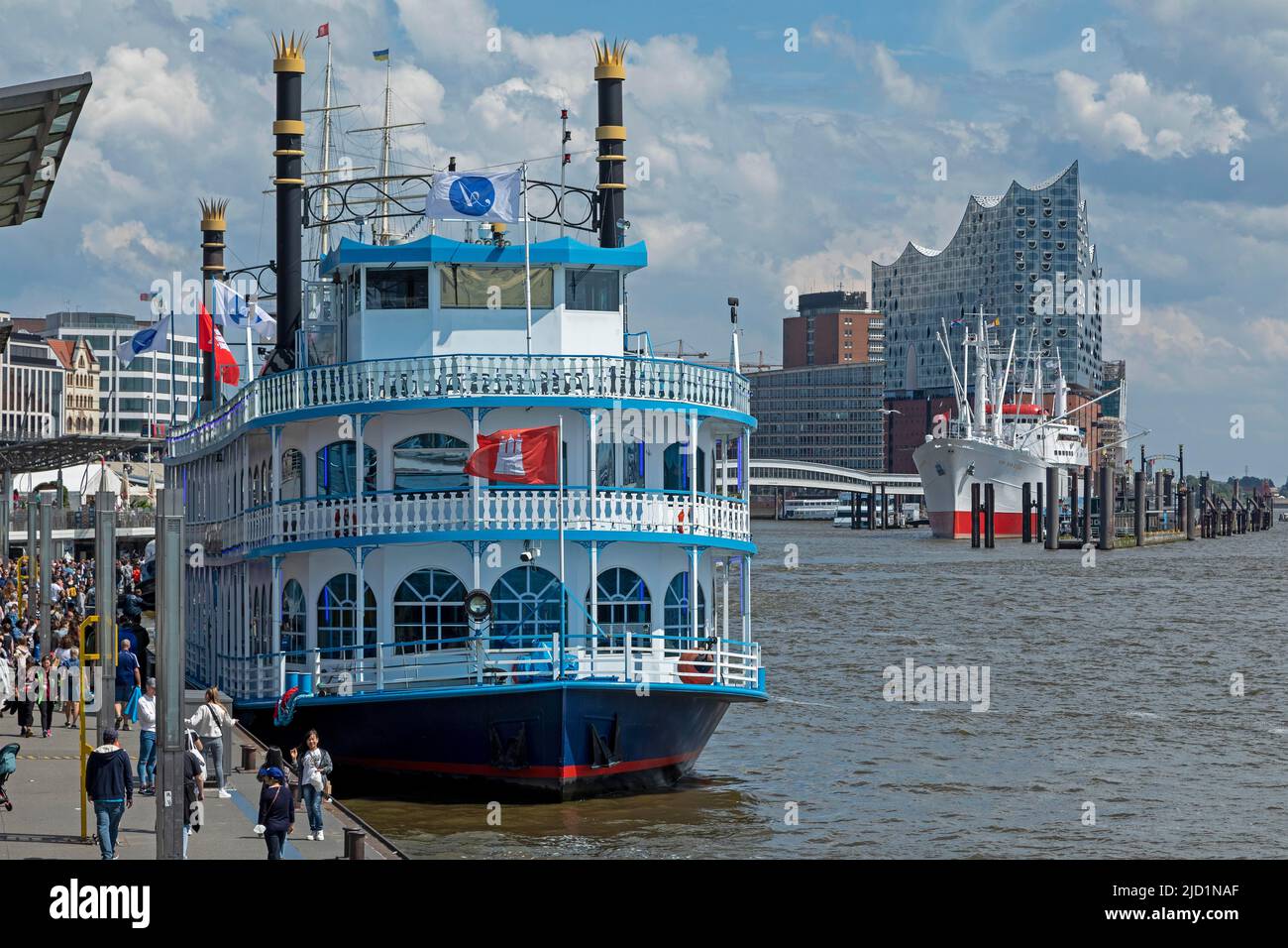 Paddle steamer Louisiana Star, Elbe Philharmonic Hall, Landungsbruecken, Harbour, Hamburg, Germany Stock Photo