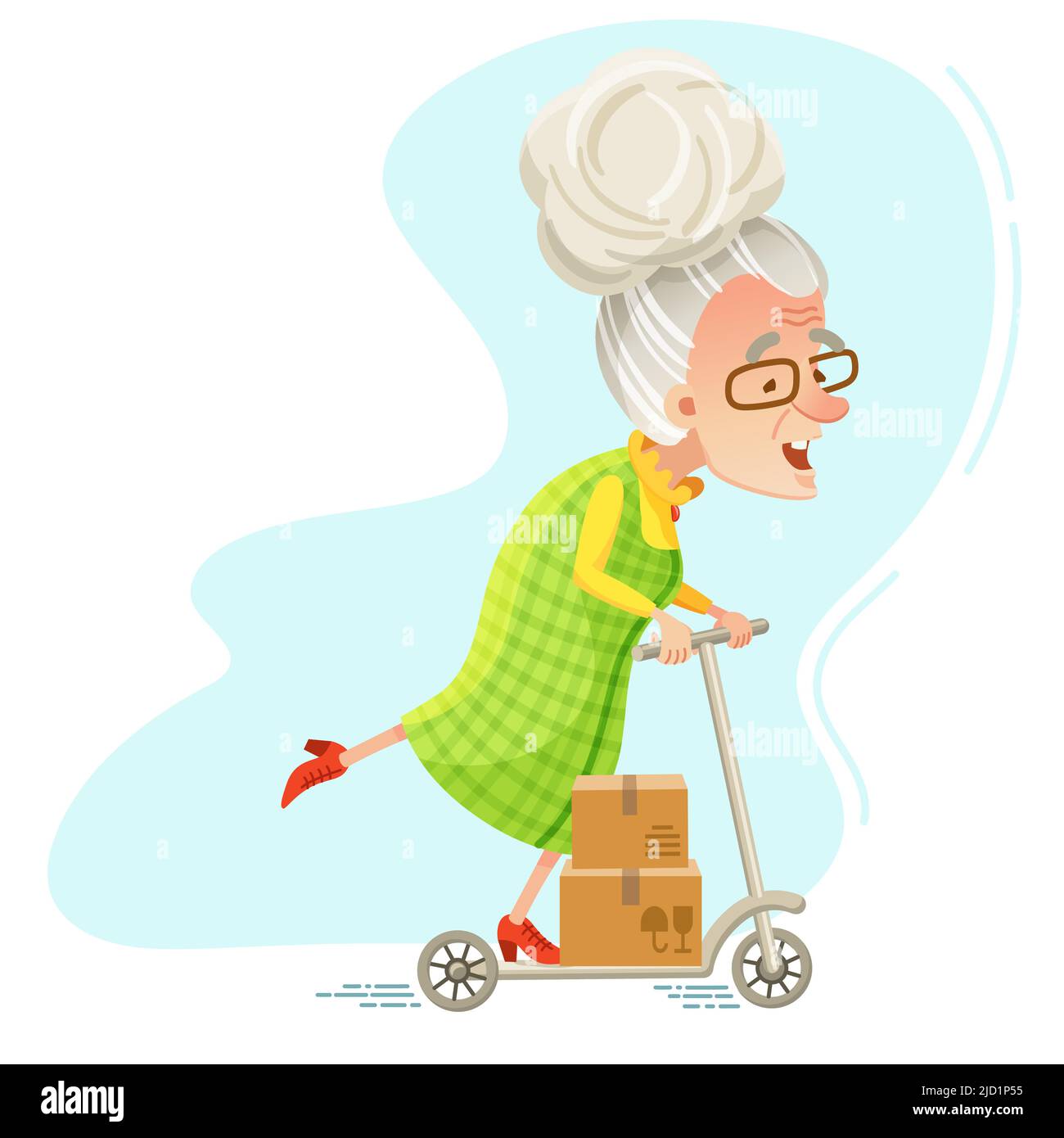 Vector illustration in cartoon style. An active elderly woman on a scooter delivers parcels Stock Vector