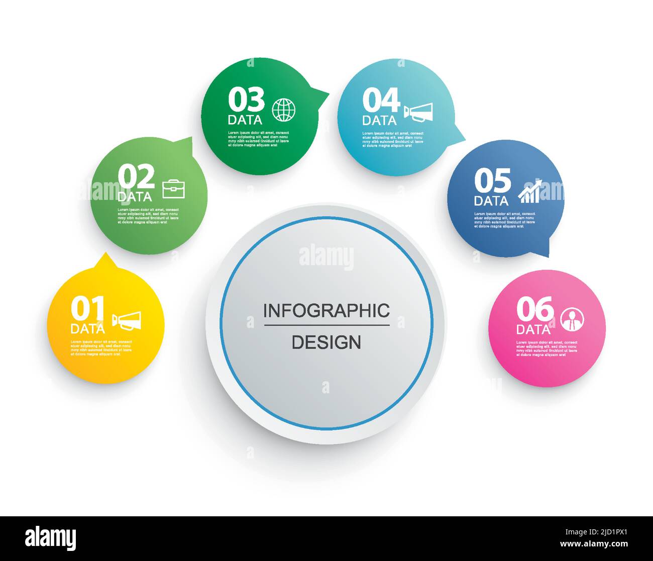 Infographics circle timeline with 6 number data template. Vector illustration abstract background. Stock Vector
