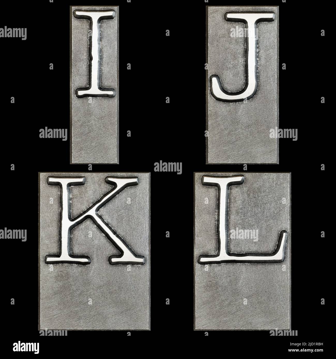 3D rendering of metal typewriter print head alphabet - letters I-L Stock Photo