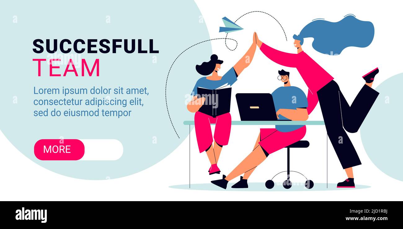 Successful team horizontal banner composition with doodle characters of ...
