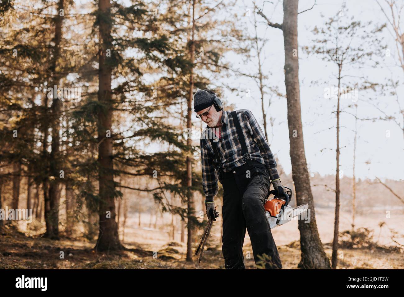 Senior man in forest holding chainsaw Stock Photo