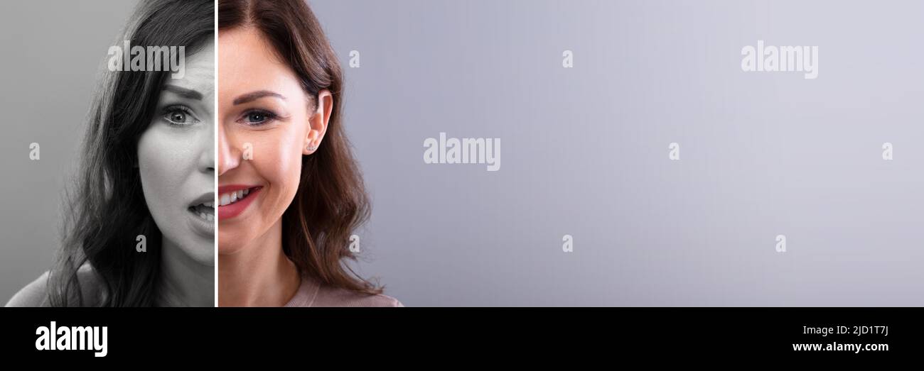 Close-up Of A Young Woman Showing Sad And Happy Emotions Stock Photo