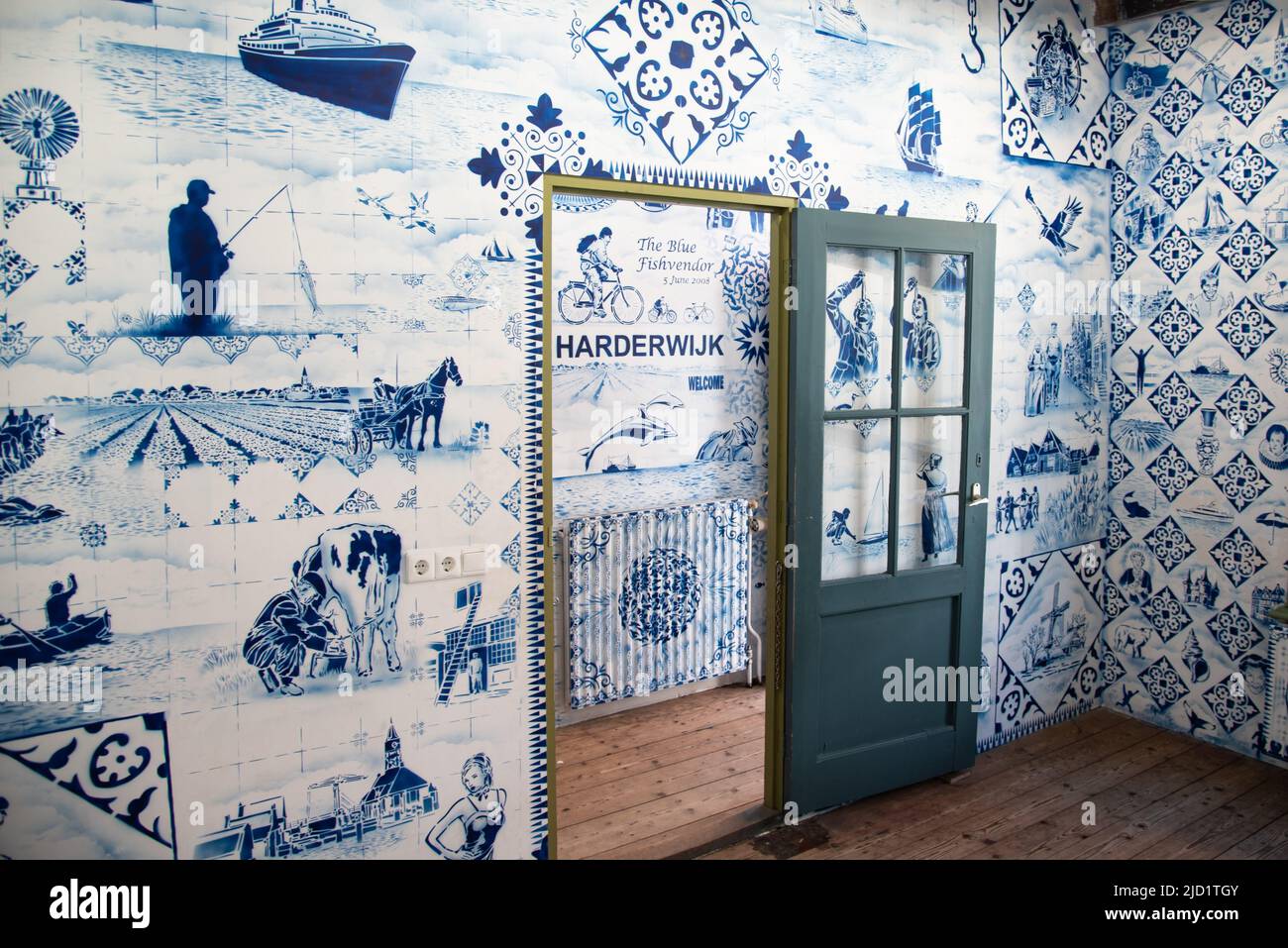 Enkhuizen, Netherlands, June 2022.An interior made of Delft blue wallpaper in the open air museum in Enkhuizen. High quality photo. Selective focus. Stock Photo