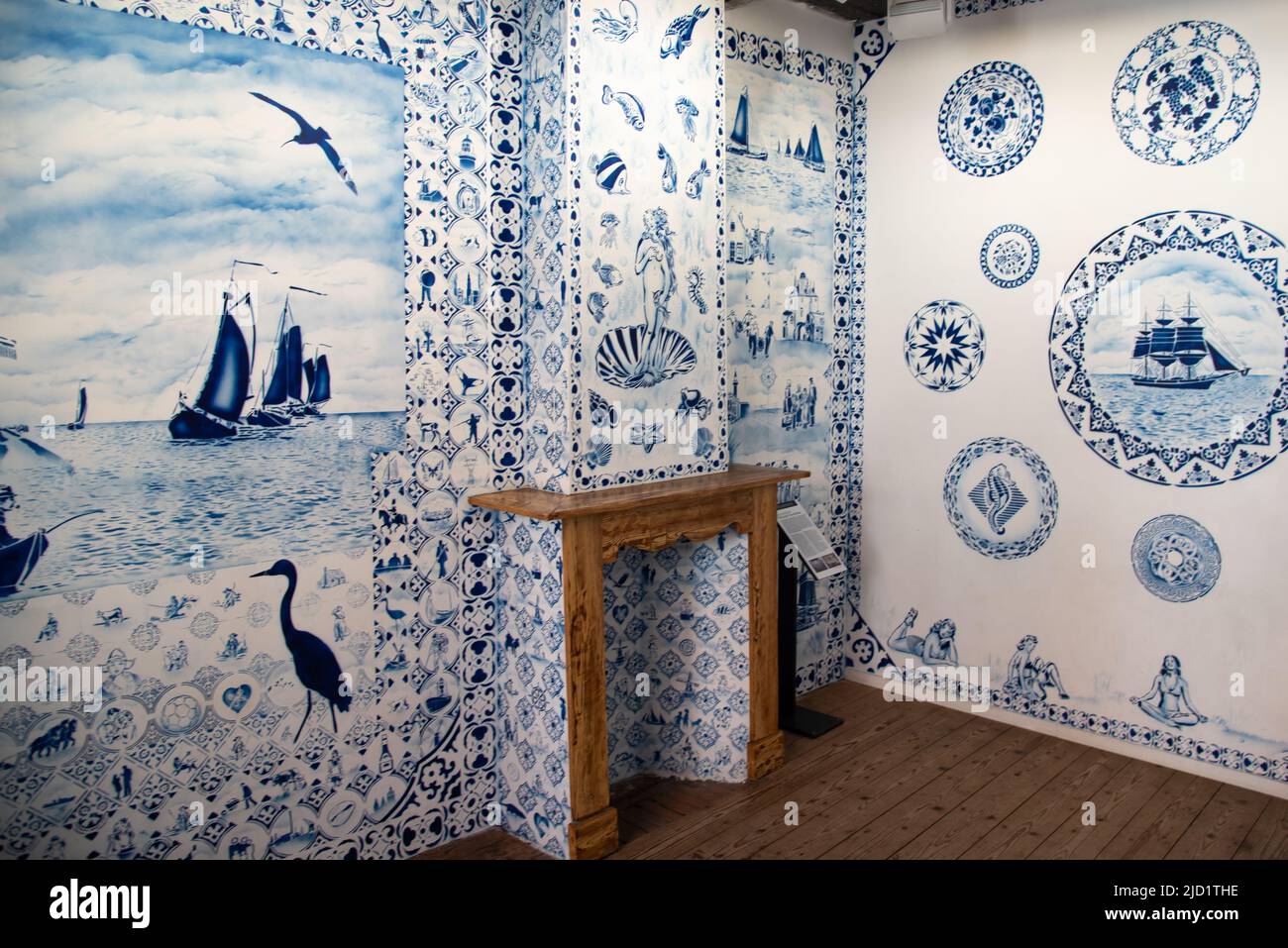 Enkhuizen, Netherlands, June 2022.An interior made of Delft blue wallpaper in the open air museum in Enkhuizen. High quality photo. Selective focus. Stock Photo