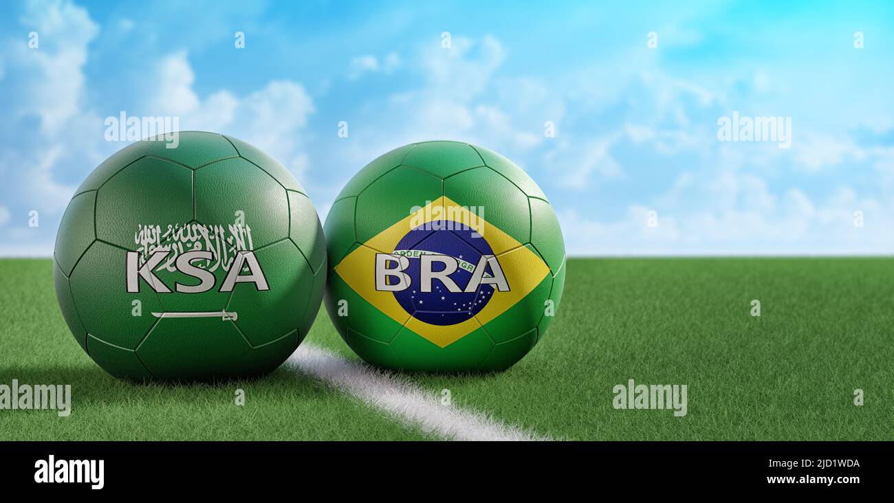 Saudi Arabia vs. Brazil Soccer Match - Leather balls in Saudi Arabia and Brazil national colors. 3D Rendering Stock Photo