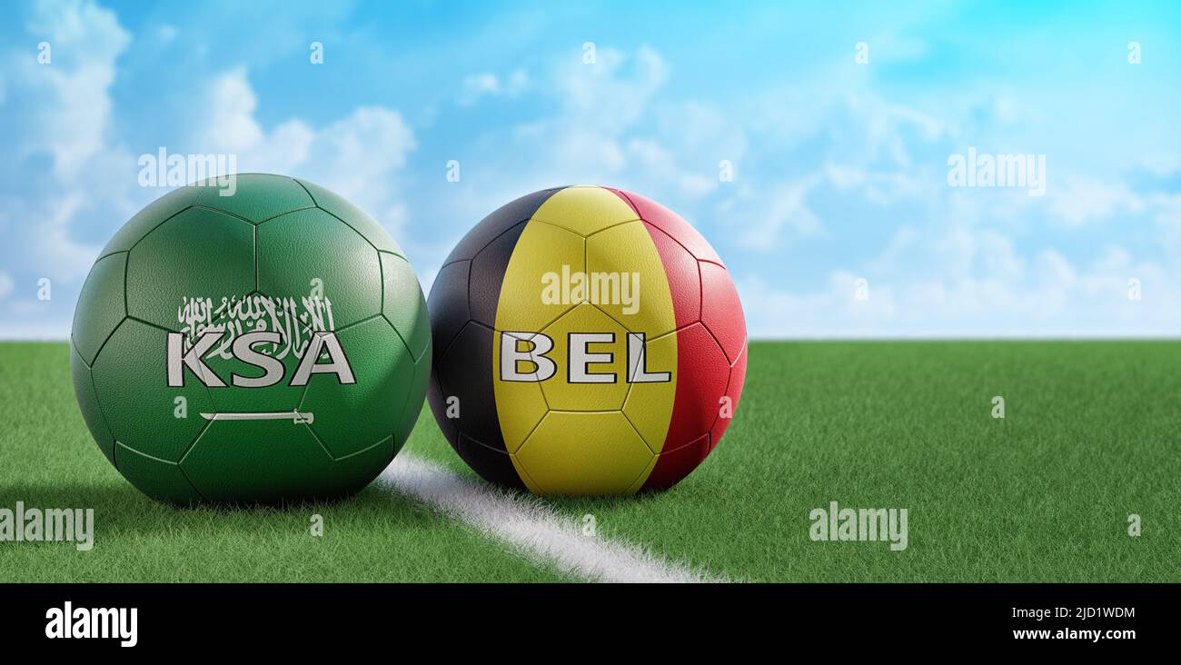 Saudi Arabia vs. Belgium Soccer Match - Leather balls in Saudi Arabia and Belgium national colors. 3D Rendering Stock Photo